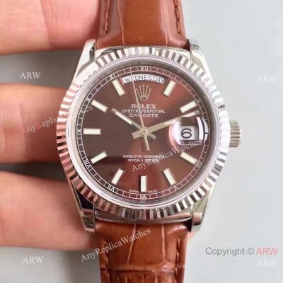 Rolex Day Date Oyster Watch Brown Dial Brown Leather Replica